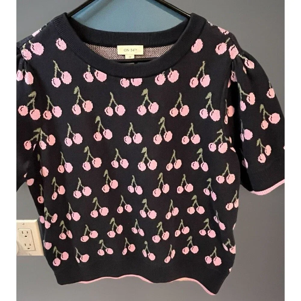 On 34th Fun Cherry Sweater Navy & Lavender Jacquard Knit Elbow Sleeve Sz 2X - Picture 1 of 13